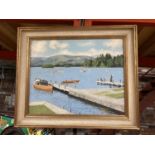 AN OIL PAINTING ON CANVAS OF LAKE WINDEMERE, BOWNESS, SIGNED H J WORKUM, DATED 1961