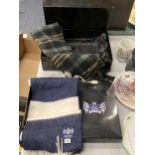 A BOXED SAVILLE ROGUE CASHMERE FOOTBALL SCARF AND FURTHER CASHMERE SCOTTISH SCARF