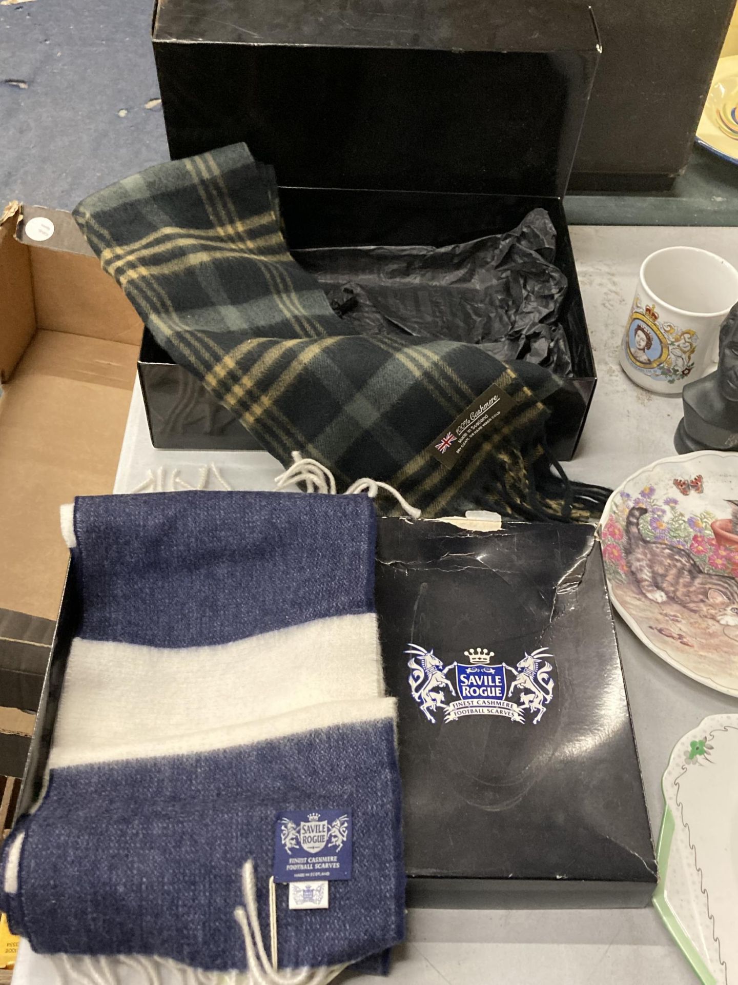 A BOXED SAVILLE ROGUE CASHMERE FOOTBALL SCARF AND FURTHER CASHMERE SCOTTISH SCARF