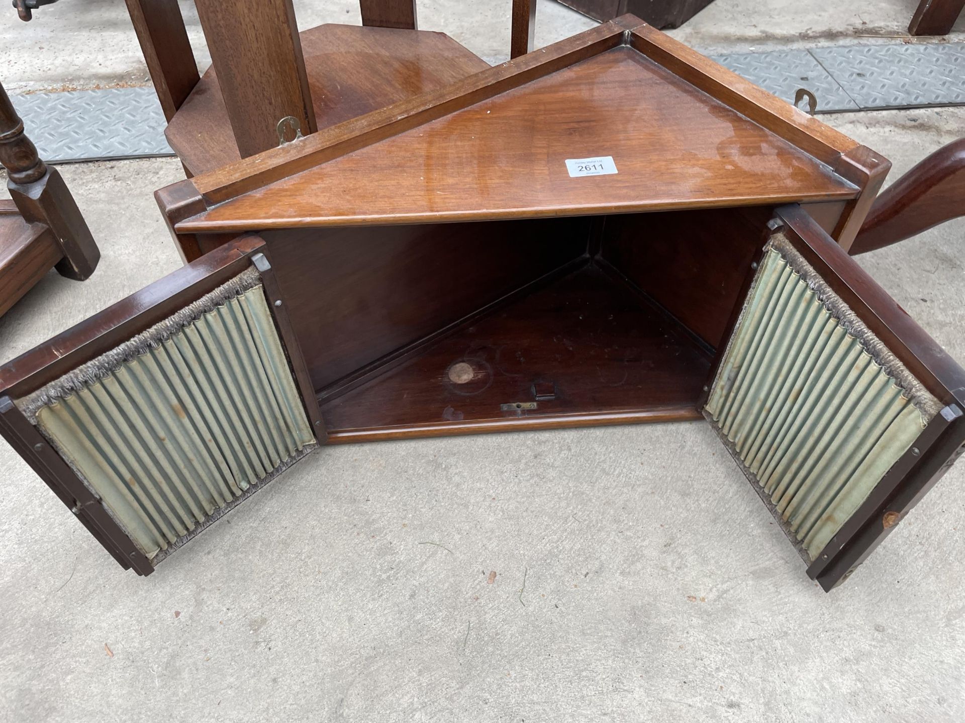 AN OCTAGONAL MAHOGANY TWO TIER TABLE AND LATE VICTORIAN MAHOGANY WALL CABINET WITH GLASS DOORS - Image 4 of 4