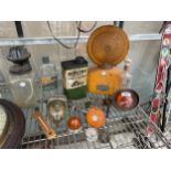 AN ASSORTMENT OF VINTAGE AUTOMOBILE ITEMS TO INCLUDE LIGHTS, AN OIL CAN AND A FUEL PUMP ETC