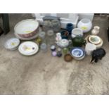 AN ASSORTMENT OF ITEMS TO INCLUDE GLASS PAPER WEIGHTS, PLATES AND JARS ETC