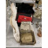 A GROUP OF VINTAGE FASHION ITEMS TO INCLUDE SILK SHOES, PURSES ETC