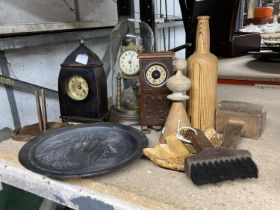 A 1950'S GERMAN ANNIVERSARY CLOCK IN DOME TOGETHER WITH TWO FURTHER CLOCKS AND TREEN TO INCLUDE A