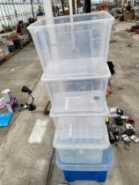 FIVE PLASTIC STORAGE BOXES