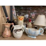 A QUANTITY OF LARGE CERAMIC PIECES TO INCLUDE AN ART DECO ARTHUR WOOD VASE, A WADE 'GOTHIC' JUG,