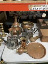 A QUANTITY OF COPPER, BRASS AND SILVER PLATED ITEMS TO INCLUDE COPPER JUGS, A TRAY AND FOOT WARMERS,