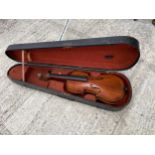 A WOODEN VIOLIN WITH CARRY CASE