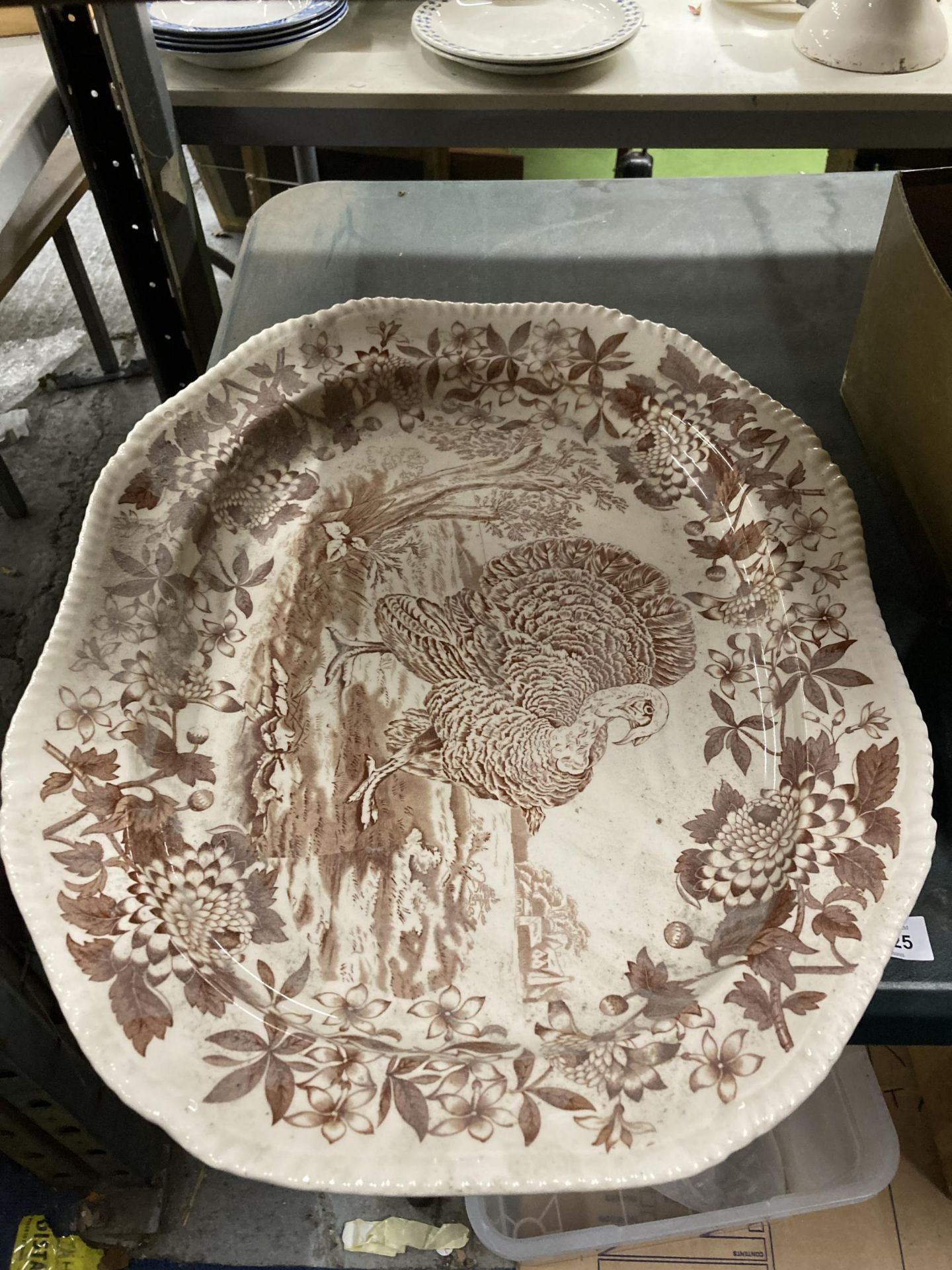A LARGE VINTAGE TURKEY BROWN AND WHITE TRANSFER PRINTED MEAT PLATTER