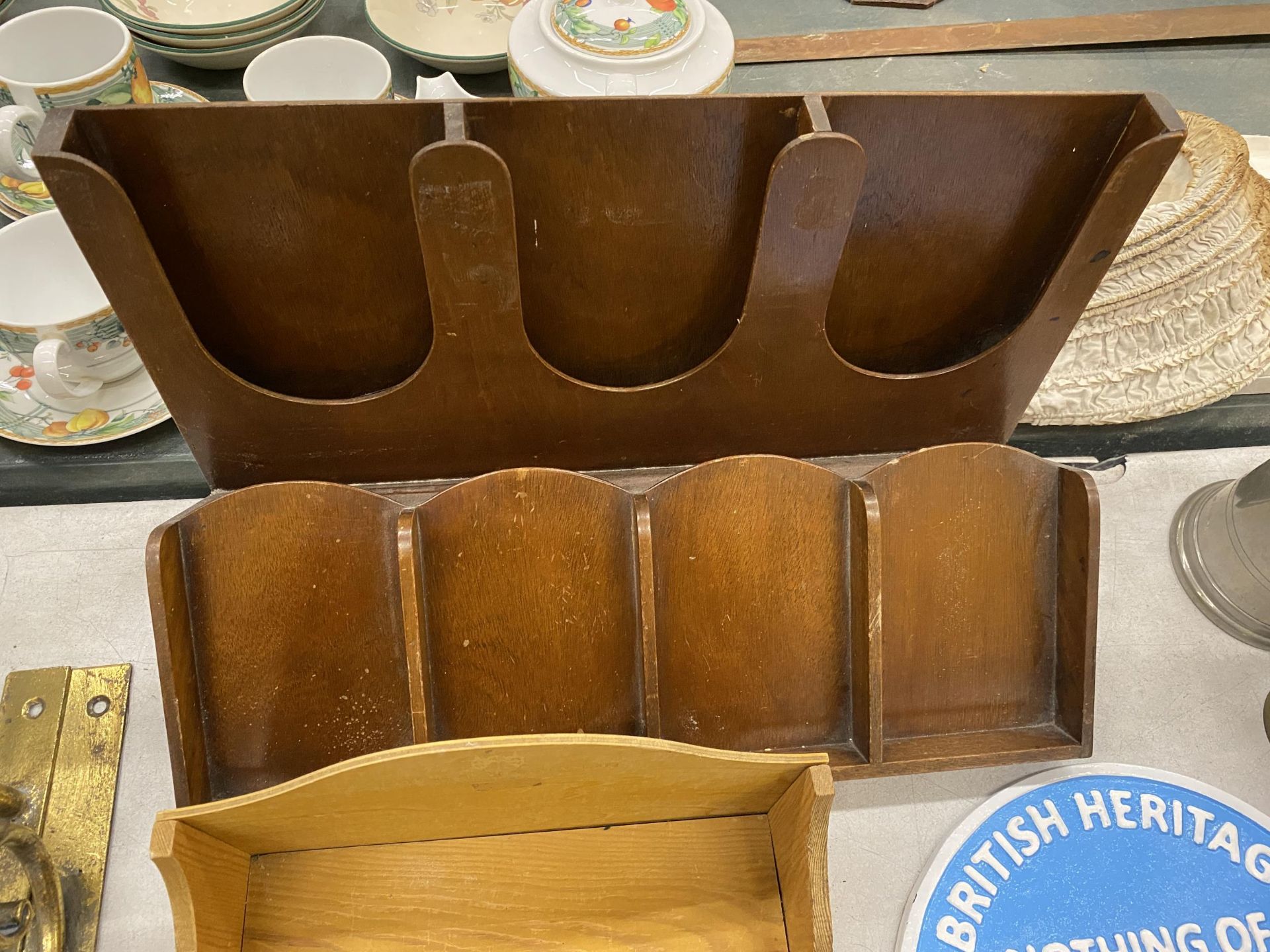 A MAHOGANY STATIONERY/LEAFLET SHELF, POSSIBLY FROM A CHURCH PLUS A FORTNUM AND MASONS SMALL SHELF - Image 3 of 3