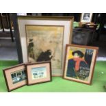 A GROUP OF FOUR FRAMED FRENCH PRINTS, CABARET POSTER ETC