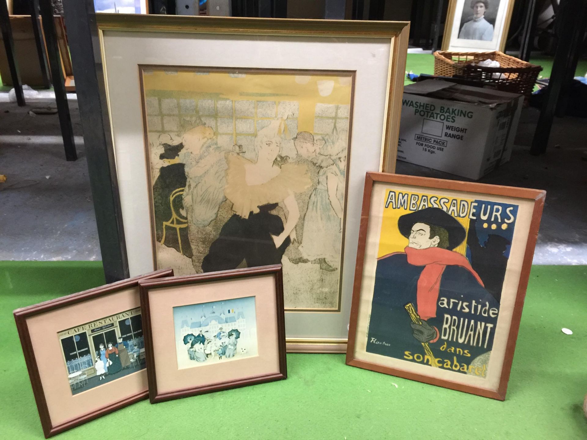 A GROUP OF FOUR FRAMED FRENCH PRINTS, CABARET POSTER ETC