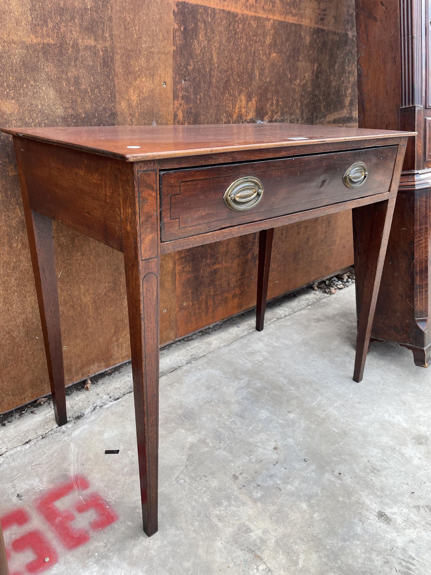 A 19TH CENTURY MAHOGANY AND INLAID SIDE-TABLE WITH SINGLE DRAWER AND LATER TOP, 33" WIDE, ON - Image 2 of 5