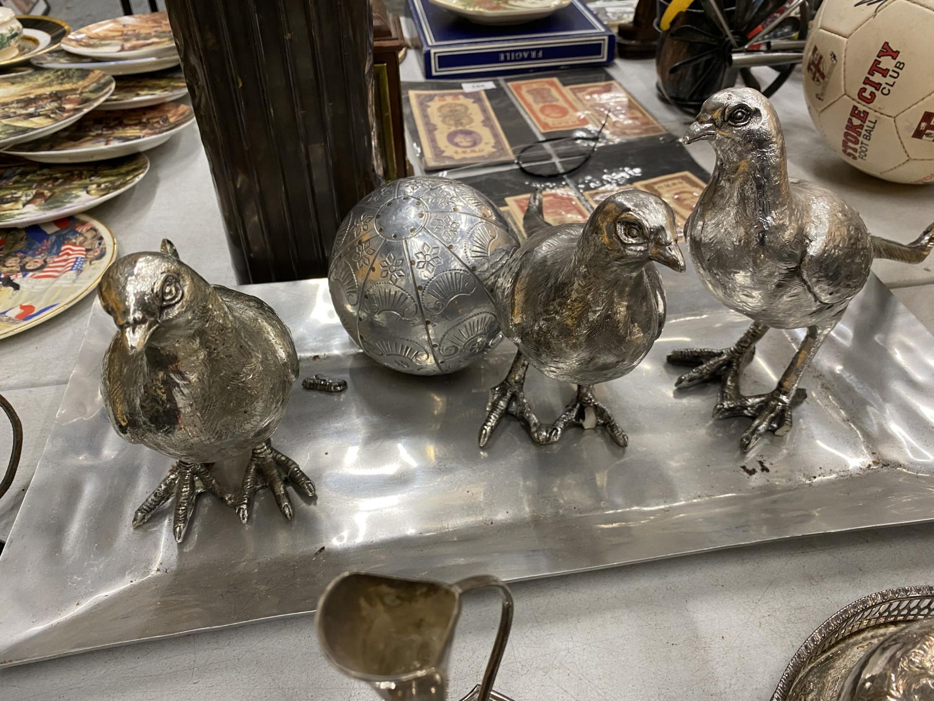 THREE LARGE SILVER COLOURED MODELS OF PHEASANTS, HEIGHT 22CM, LENGTH 34CM - TWO MISSING TOES, A - Image 2 of 3