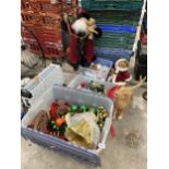 AN ASSORTMENT OF CHRISTMAS DECORATIONS TO INCLUDE BAUBLES, A SANTA FIGURE AND RIBBON ETC