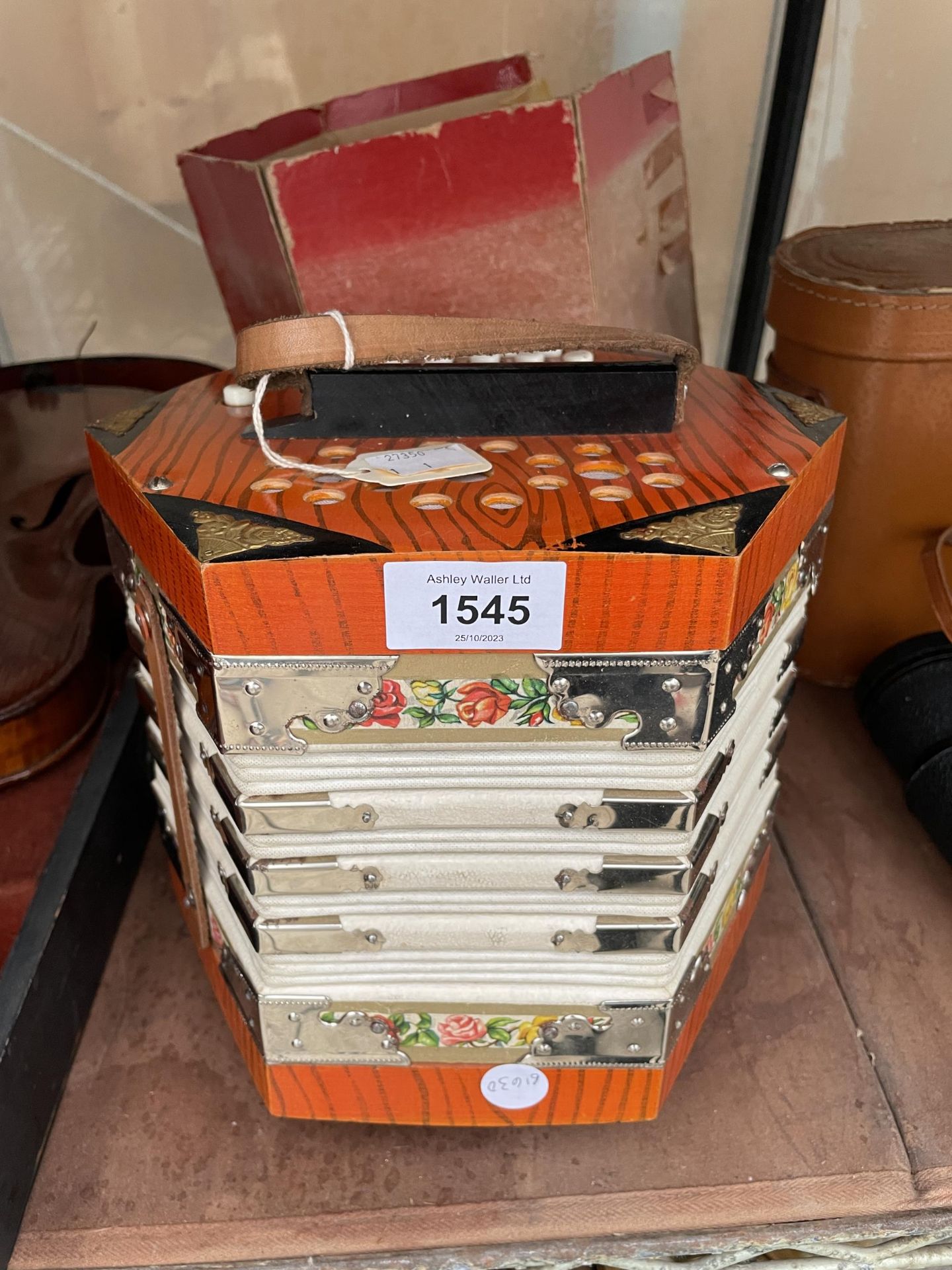 A SMALL VINTAGE WOODEN ACCORDIAN WITH BOX
