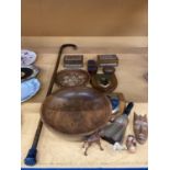 A QUANTITY OF TREEN ITEMS TO INCLUDE BOXES INLAID WITH MOTHER OF PEARL, SHIELDS, ANIMALS, BOWLS, ETC