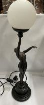 AN ART DECO BRONZE ART LAMP WITH SHADE - "NORA STANDING" - LEG A/F