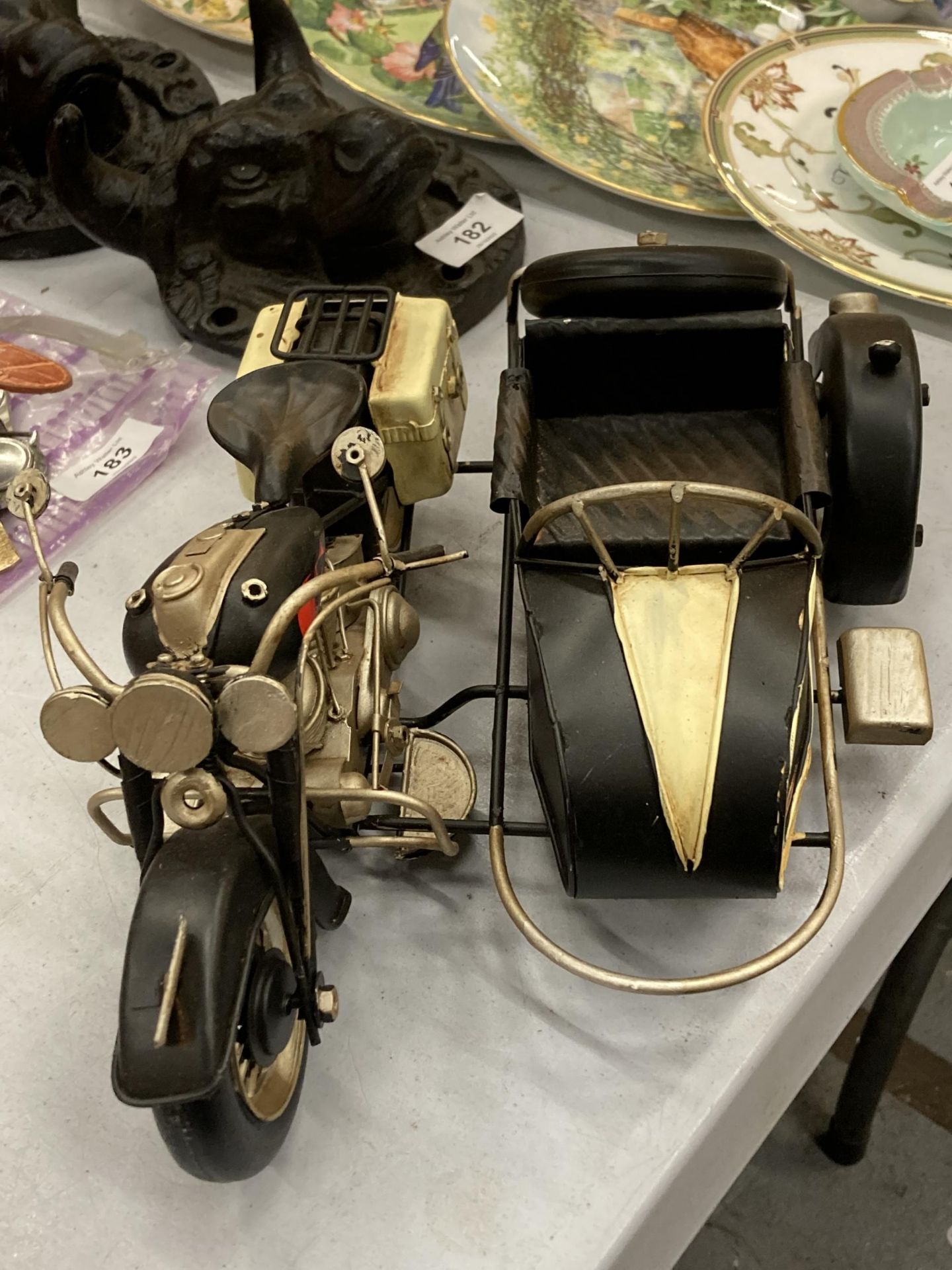 A TIN PLATE METAL MOTORCYCLE AND SIDE CAR MODEL - Image 2 of 4