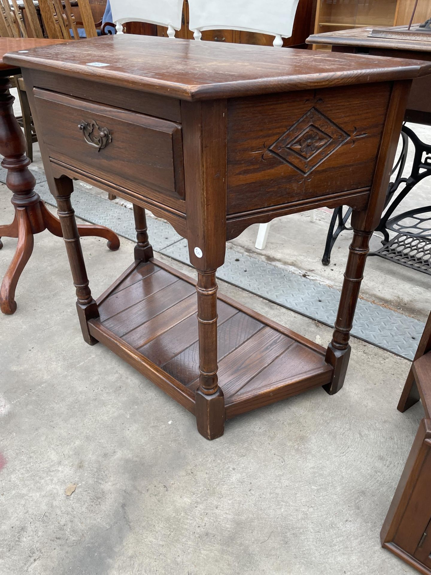 AN OAK JACOBEAN STYLE SIDE-TABLE ON OPEN BASE, WITH SINGLE DRAWER, ON TURNED LEGS, 33" WIDE - Image 2 of 2