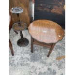 A MID 20TH CENTURY OAK WORK TABLE/BOX, 20" DIAMETER AND A THREE TIER ASHTRAY STAND