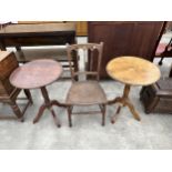 TWO MODERN TRIPOD WINE TABLES AND BEDROOM CHAIR