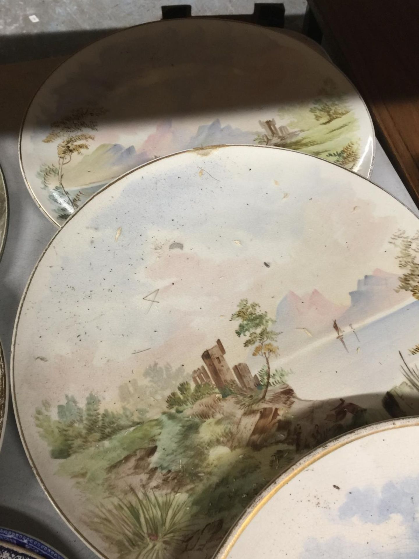 A QUANTITY OF LARGE WALL PLATES WITH PAINTED SCENES, DIAMETER 33CM PLUS TWO BLUE AND WHITE WILLOW - Image 3 of 4