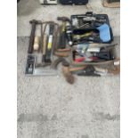 AN ASSORTMENT OF TOOLS TO INCLUDE HAMMERS, SAWS AND TROWELS ETC