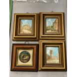 FOUR MINIATURE FRAMED PAINTINGS, SIGNED BY ARTIST, 3 X SCENIC AND 1 X HEDGEHOG
