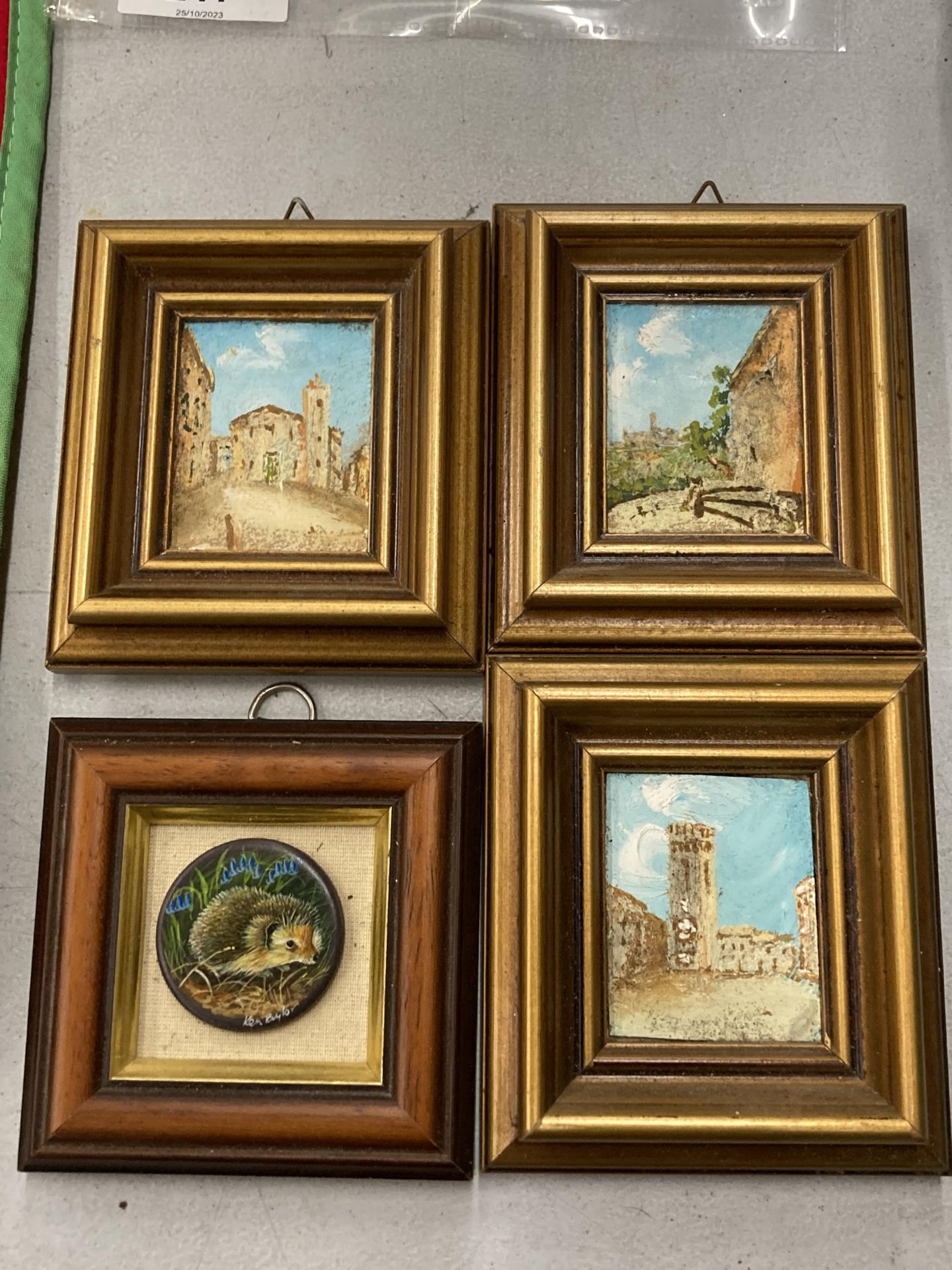 FOUR MINIATURE FRAMED PAINTINGS, SIGNED BY ARTIST, 3 X SCENIC AND 1 X HEDGEHOG