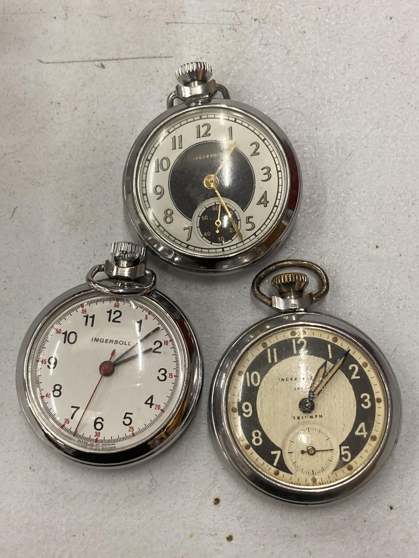 THREE VINTAGE INGERSOLL CHROME POCKET WATCHES, ALL BELIEVED WORKING