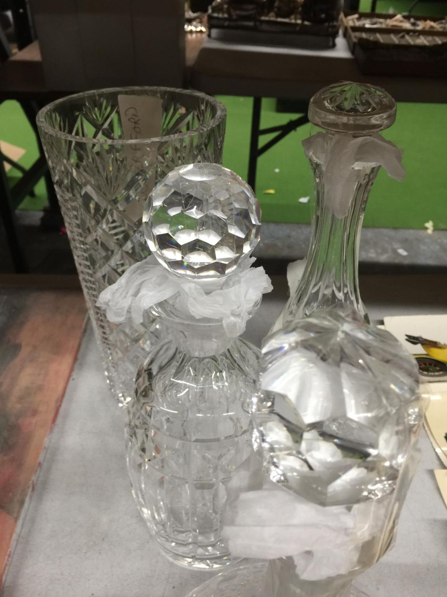 SIX PIECES OF WATERFORD CRYSTAL GLASS TO INCLUDE THREE DECANTERS, A LARGE AND SMALLER VASE AND A - Image 3 of 3