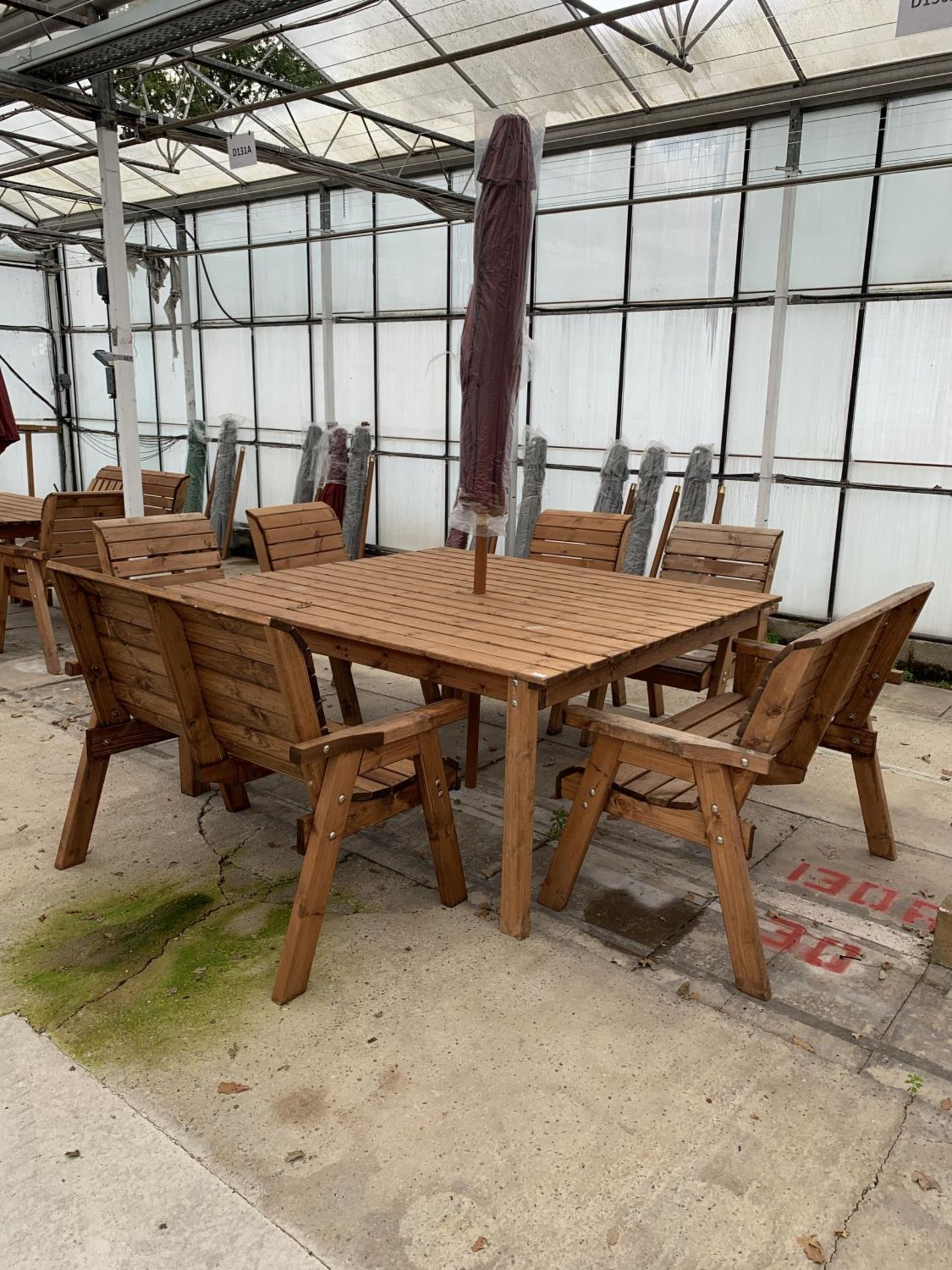 AN AS NEW EX DISPLAY CHARLES TAYLOR EIGHT SEATER DINING TABLE WITH TWO 2 SEATER BENCHES, FOUR CHAIRS