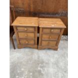 A PAIR OF HARDWOOD BEDSIDE CHESTS OF THREE DRAWERS