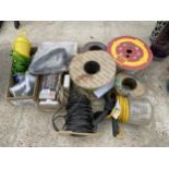 A LARGE ASSORTMENT OF HARDWARE TO INCLUDE WORK LIGHTS AND ELECTRIC CABLE ETC