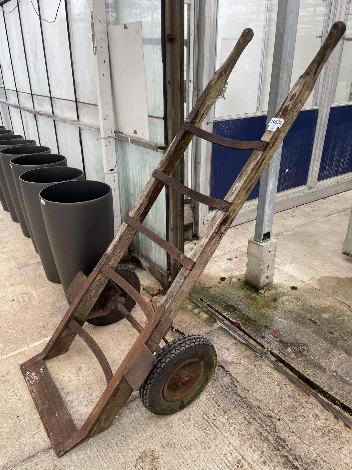AN OVERSIZED SLINGSBY VINTAGE WOODEN AND METAL SACK TRUCK