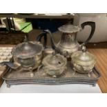 A VINTAGE SILVER PLATED TEA SET AND DRINKS TRAY