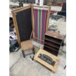 AN ASSORTMENT OF ITEMS TO INCLUDE A DECK CHAIR, A MONOGRAMED BOX AND A SHELVING UNIT ETC