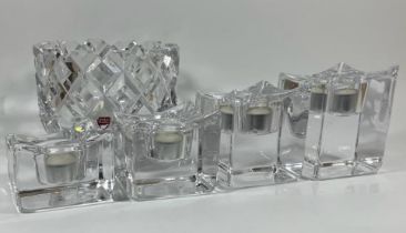 A SET OF VINTAGE ORREFORS POLARIS ICE CUBE CANDLE HOLDERS AND AN ORREFORS SOFIERO CUT GLASS BOWL,