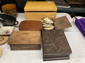 A COLLECTION OF VINTAGE BOXES TO INCLUDE A CIGAR BOX CONTAINING FISHING FLOATS, ETC - 5 IN TOTAL
