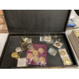 A CASE OF ASSORTED COMMEMORATIVE COINS, MODERN POCKET WATCHES ETC