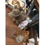 FOUR ITEMS - ROCKING HORSE FIGURE, SOFT TOY DOG, CAT AND RABBIT