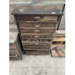 A VINTAGE PINE EIGHT DRAWER CHEST WITH AN ASSORTMENT OF VINTAGE HARDWARE ETC