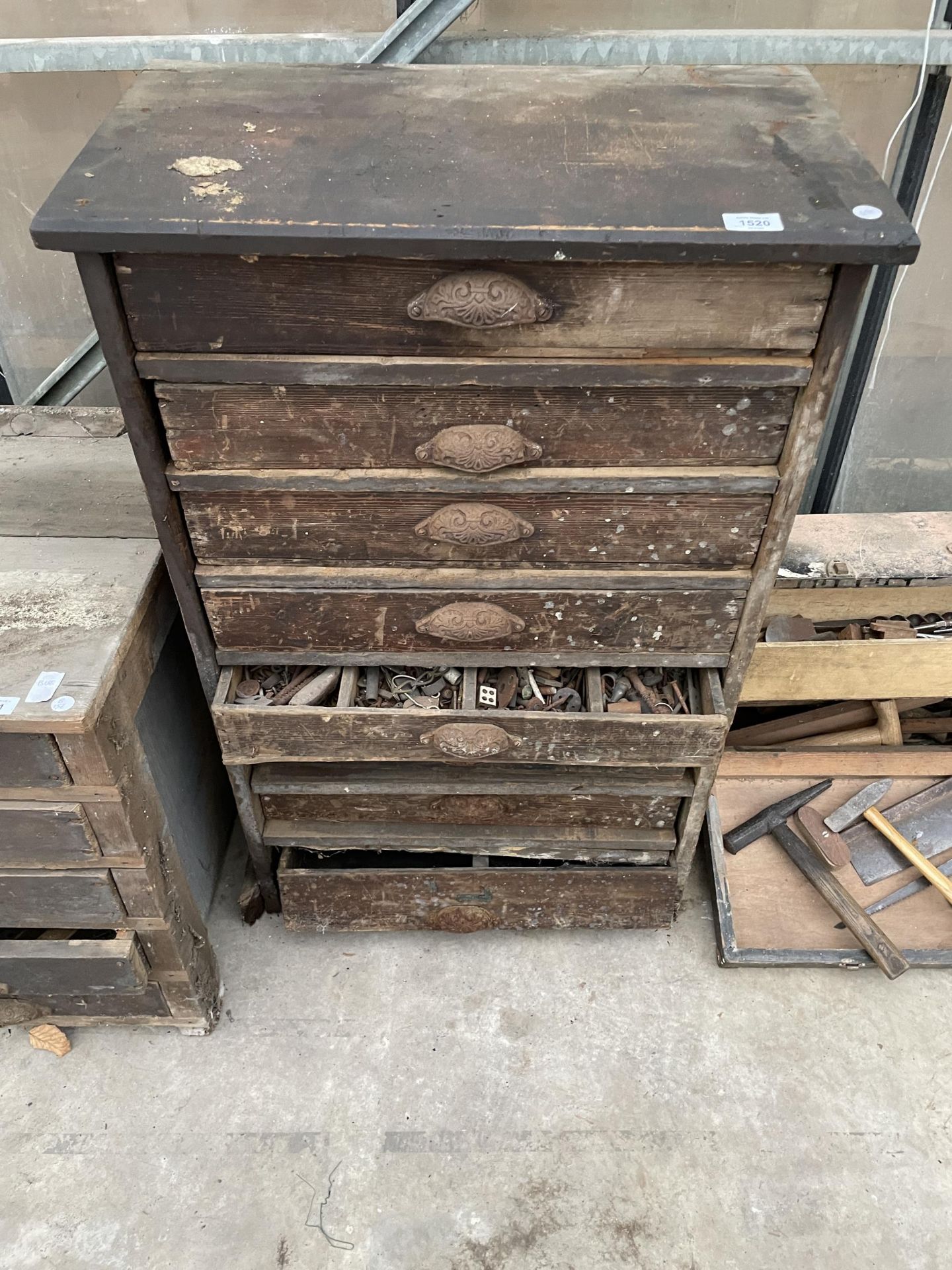 A VINTAGE PINE EIGHT DRAWER CHEST WITH AN ASSORTMENT OF VINTAGE HARDWARE ETC