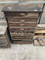 A VINTAGE PINE EIGHT DRAWER CHEST WITH AN ASSORTMENT OF VINTAGE HARDWARE ETC