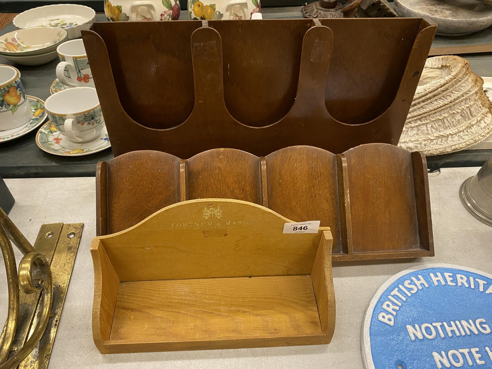 A MAHOGANY STATIONERY/LEAFLET SHELF, POSSIBLY FROM A CHURCH PLUS A FORTNUM AND MASONS SMALL SHELF