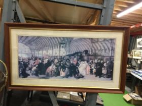 A LARGE FRAMED VICTORIAN TRAIN PRINT AT THE STATION, 40 X 22"