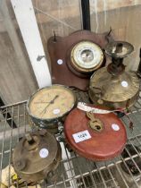 AN ASSORTMENT OF VINTAGE ITEMS TO INCLUDE BAROMETERS, A TAPE MEASURE AND TWO PARAFIN BURNERS