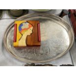 AN OVAL SILVER PLATED GALLERIED TRAY AND A COLUMBIAN HAND PAINTED BOX