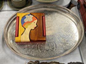 AN OVAL SILVER PLATED GALLERIED TRAY AND A COLUMBIAN HAND PAINTED BOX